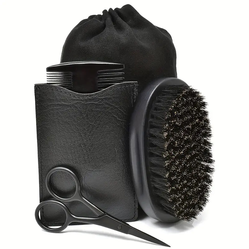 Essential beard grooming tool kit with comb brush and scissors